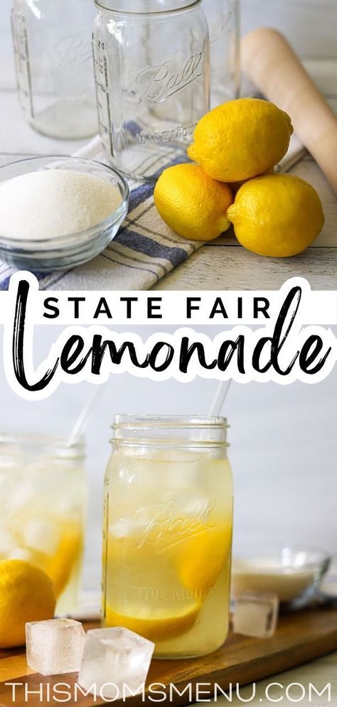 Beat the summer heat with a nostalgic thirst-quenching drink - state fair lemonade! Can't make it to the fair? No worries! This lemonade shake-up recipe is easy to follow, with just a few simple ingredients needed to recreate this iconic drink at home. Carnival Lemonade Stand, Country Lemonade Recipe, Old Fashion Lemonade Recipe, Homemade Lemon Shakeups, Diy Fair Lemonade, Shake Up Lemonade, Hot Dog On A Stick Lemonade Recipe, Best Lemonade Recipe Homemade, County Fair Lemonade Recipe