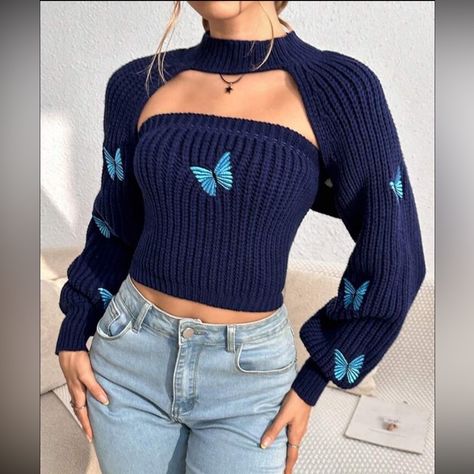 Crop Shrug, Women Clothing, Butterflies, Collar, Wall, Blue