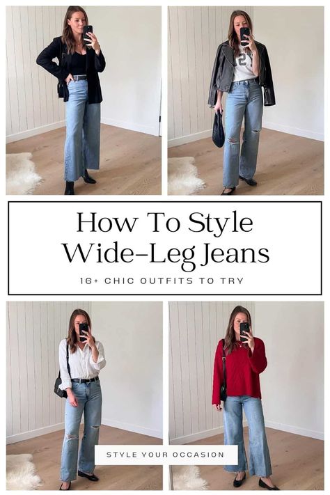 Looking for wide leg jeans outfit ideas? Get inspiration for how to style wide leg jeans in chic, modern ways for the spring, summer, fall, and winter months. Get casual, street style looks, ideas for work, and see how a curvy or plus size figure can pull off the high waist wide leg jeans aesthetic. Black Top With Wide Leg Jeans, High Wide Jeans Outfit, Wide Jeans Styling, Wide Leg Jeans Dressed Up, Ways To Style Wide Leg Jeans, Wide Leg With Boots, Spring Wide Leg Jeans Outfit, Wide Leg Jeans Cardigan Outfit, Sweaters With Wide Leg Jeans