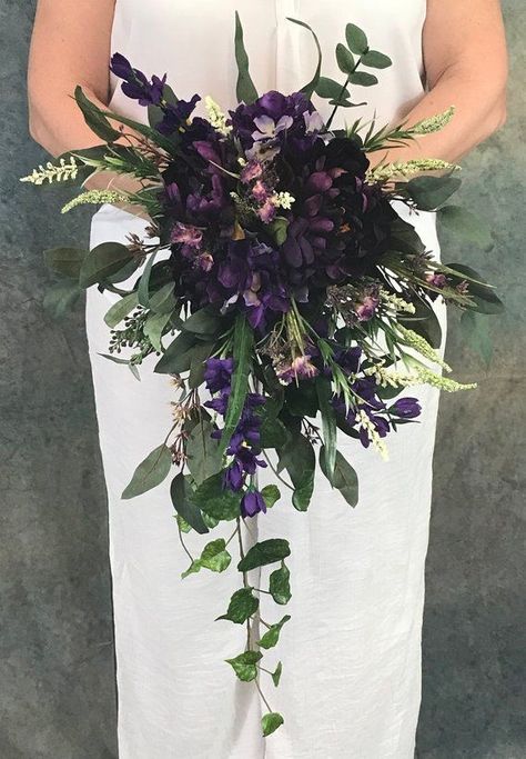 Dark Purple Wedding, Purple And Green Wedding, Wedding Flower Guide, Purple Bouquets, Purple Bridal Bouquet, Dark Purple Flowers, Silk Bridal Bouquet, Purple Wedding Bouquets, Peonies And Hydrangeas