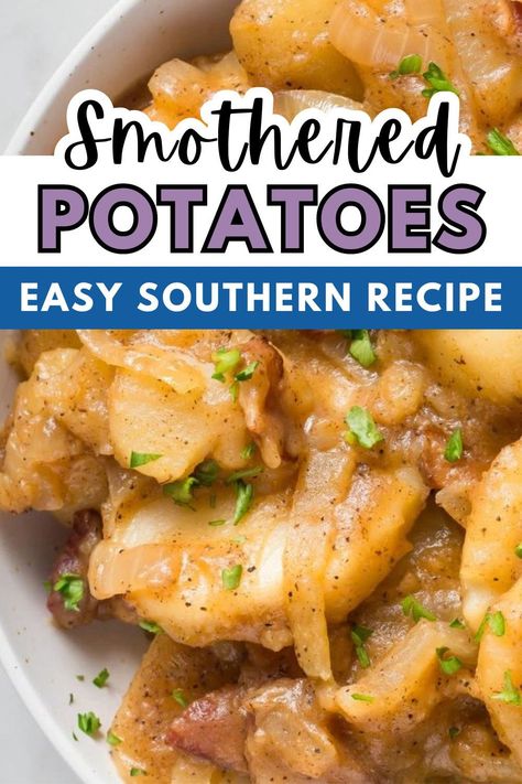 Easy homemade Smothered potatoes are a must try dish that features tender potatoes with bacon and onion slowly simmered down into a creamy, gravy-like sauce. A great southern style recipe Smothered Red Potatoes, Smoother Potatoes, Smothered Breakfast Potatoes, Smoother Potatoes And Onions, Smothered Fried Potatoes, Cajun Smothered Potatoes, Stewed Potatoes Recipe, Everything Potatoes, Smothered Potatoes And Onions Recipes