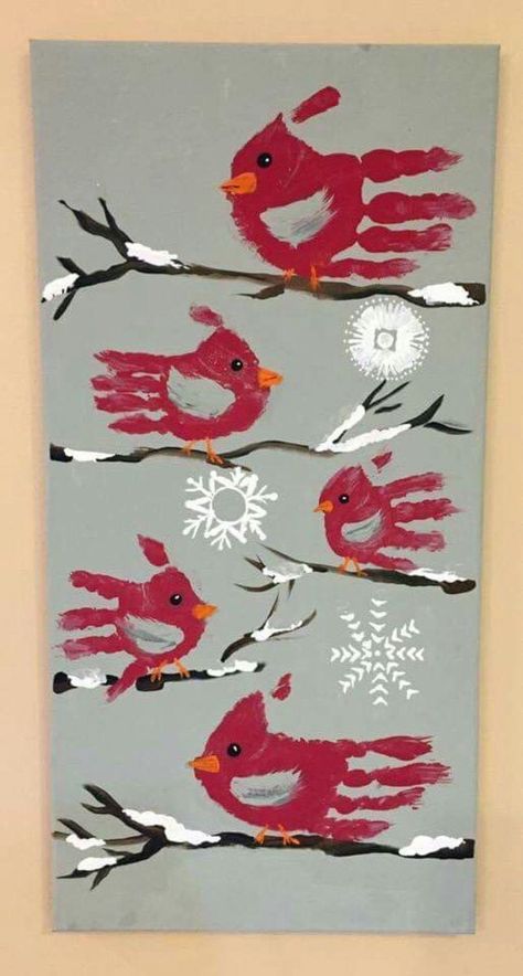 Winter Kindergarten Decoration, Cardinal Handprint Craft Kids, Kindergarten Painting, Holiday Art Projects, Christmas Art Projects, Christmas Craft Ideas, Baby Art Projects, Winter Art Projects, Toddler Art Projects