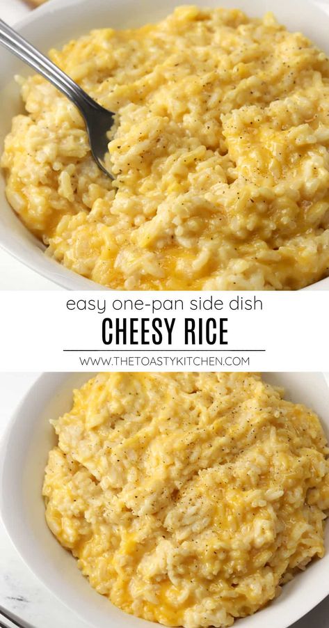 Cheesy rice recipe by The Toasty Kitchen. Cheesy rice is a comforting, creamy side dish that's easy to pair with your favorite main course. With just a handful of simple ingredients, you can whip up a batch of cheesy rice on the stovetop today. #cheesyrice #cheeserice #sidedish #homemadecheesyrice #recipe Easy Cheesy Rice Recipes, Rice With Cheese Recipes, Good White Rice Recipes, Cheesy Rice Pilaf, Cheesy Rice In Rice Cooker, Cheesy Rice Soup, Healthy Cheesy Rice, Velveeta Rice Recipes, Souped Rice