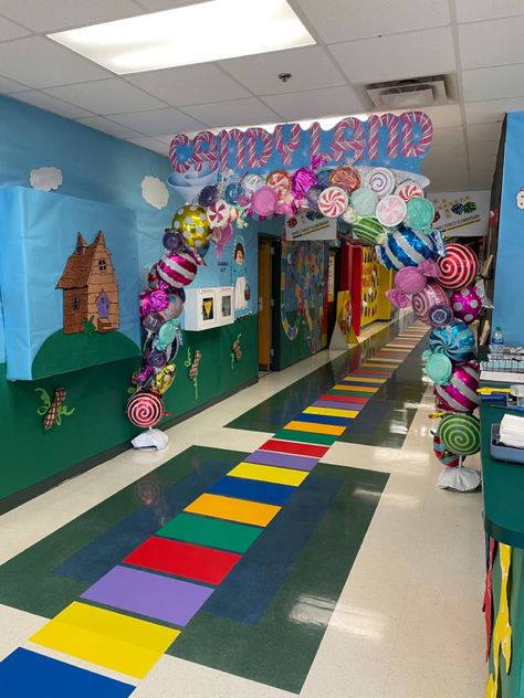 Candy Land Reading Theme, Candyland Door Theme, Candyland Theme Classroom Decorations, Candyland Office Theme, Candyland Themed Hallway, Candyland Reading Theme, Candyland Winter Wonderland, Candyland Christmas Classroom, Candyland Entrance Decor