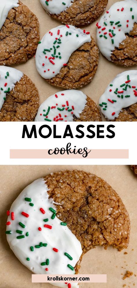 a molasses cookie dipped in white chocolate Molasses Kringle Cookies, Dipped Molasses Cookies Soft, Molasses Cookies With Frosting, Ginger Molasses Cookies Christmas, Dipped Molasses Cookies, Iced Mollases Cookies, Spiced Molasses Cookies, Christmas Cookies Molasses, Ginger Molasses Christmas Cookies