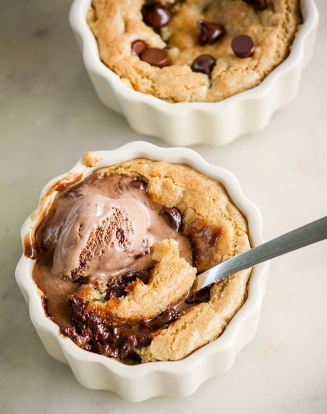 Chocolate Chip Cookie Pots For Two Mini Dutch Oven Desserts, Mini Casserole Dish Recipes Dessert, Baking In Ramekins, Pazookie In Ramekin, Single Serve Ramekin Desserts, Dinner In Ramekins, Ramekin Cookie Recipe, Ramekin Chocolate Chip Cookie, Ramican Dessert Recipes