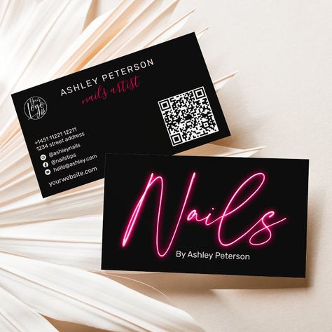 Modern glam pink neon nails script logo qr code business card Nail Tech Business Cards, Circle Business Cards, Qr Code Business, Cute Business Cards, Hair Business Cards, Pink Business Card, Beauty Business Cards, Qr Code Business Card, Floral Business Cards