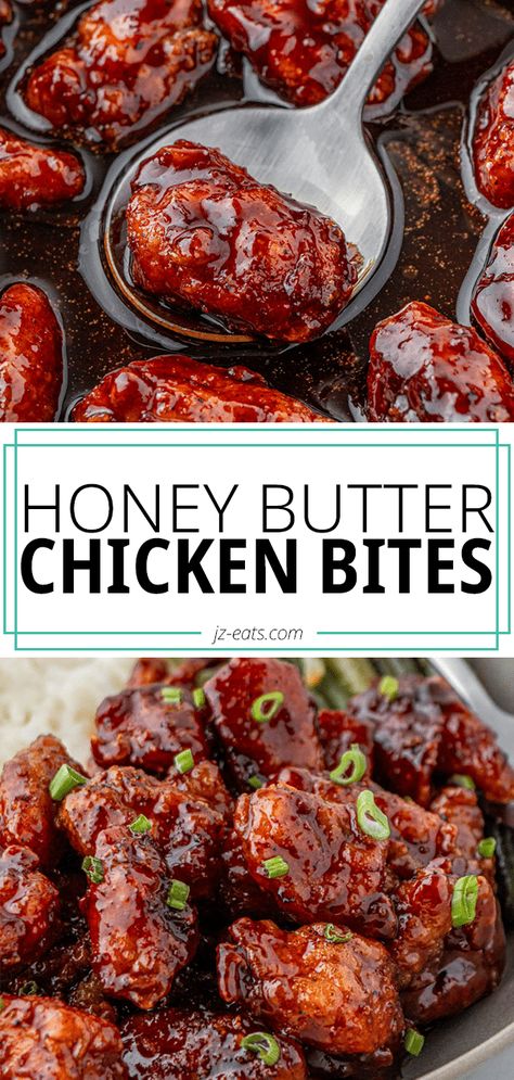 Crispy Honey Butter Chicken Recipe - JZ Eats Butter Chicken Bites, Honey Butter Chicken, Chicken Bites, Honey Butter, Health Dinner Recipes, Chicken Dishes Recipes, Chicken Wing Recipes, Poultry Recipes, Butter Chicken