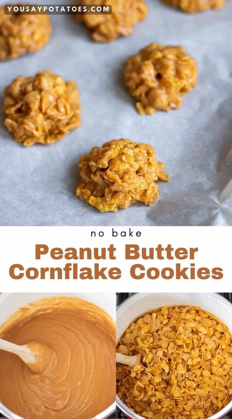 No Bake Cornflake Cookies with Peanut Butter Rice Krispie Peanut Butter Balls Recipe, No Bake Cornflake Cookies, Cornflake Cookies No Bake, Peanut Butter Cornflakes, Cornflake Candy, Cornflake Recipes, Cornflake Cookies Recipe, Peanut Butter Cornflake Cookies, Cookies With Peanut Butter