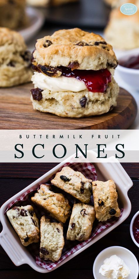 Images of buttermilk fruit scones with jam and clotted cream. Recipe by Movers and Bakers Scones Cream And Jam, Fruit Scones Recipe Easy, Buttermilk Scones Recipe Easy, Buttermilk Muffin Recipes, Recipes With Buttermilk, Buttermilk Scones Recipe, Fruit Scones Recipe, Perfect Scones Recipe, Buttermilk Scone Recipe