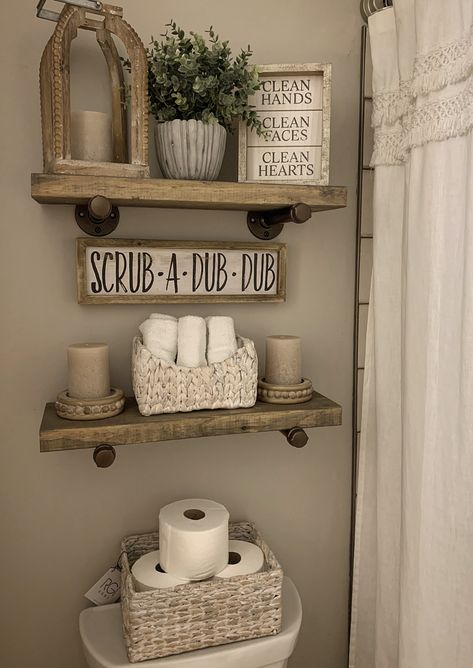 Diy Shelf For Bathroom, Bathroom Decor Ideas Towel Racks, Decor Behind Toilet Bathroom, Bathroom Farmhouse Decor Ideas, Master Bedrooms Decor Hobby Lobby, Small Cabin Decorating Ideas Living Room, Bathroom Shelf Decoration Ideas, Farmhouse Bathroom Decor Ideas Rustic, Mobile Home Bathroom Decor Ideas