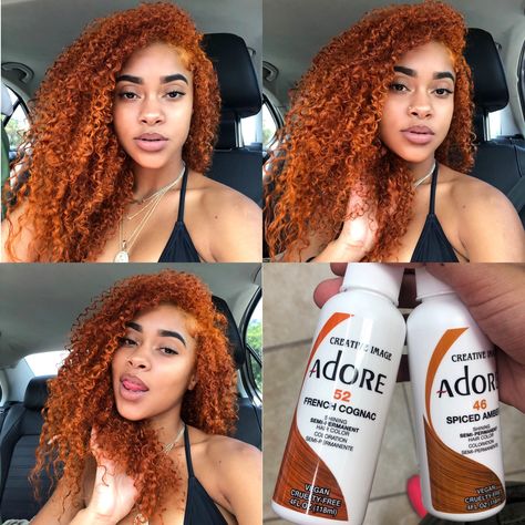 Ginger Hair Ideas Black Women, Colors On Black Women Hair, Best Ginger Hair Dye, Ginger Natural Curly Hair, Different Shades Of Ginger Hair, Ginger Hair Adore, Adore Spiced Amber Hair Color, Ginger Died Curly Hair, Curly Black Hair Color Ideas