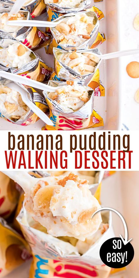 Creamy vanilla pudding, sweet fresh banana slices and crunchy wafer cookies make a comforting and picture-perfect dessert, even served in a bag! Banana Pudding walking desserts are great for camping or potlucks! Banana Pudding Walking Taco, Nilla Wafer Banana Pudding In A Bag, Banana Pudding In A Bag, Prep Ahead Desserts, Walking Banana Pudding Dessert, Walking Food In A Bag, Walking Snacks In A Bag, Cool Wipe Dessert, Walking Meals In A Bag