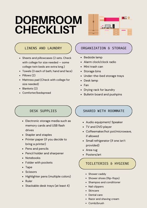 a detailed list of most things you will need in your dorm.  follow for more productivity and organizing content. Glory Box Checklist, College Packing Checklist, Bedroom Checklist, College Dorm Checklist, Dorm Room Checklist, Dorm Checklist, Room Checklist, College Checklist, College Packing