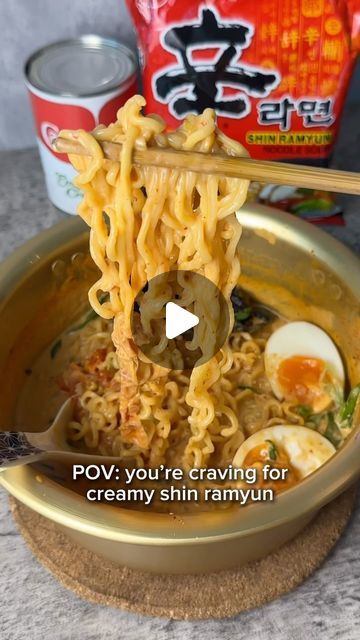 lengluicooks ⋆∘.⋆ .⋆☼⁎ *• on Instagram: "Have you ever had a late night craving for Shin Ramyun? 🤤​  Here’s how i make a creamy, rich and aromatic Shin Ramyun that would fix your craving.  Ingredients: ½ Can CARNATION®️ Evaporated Creamer 1 pack Nongshim Shin Ramyun  200ml Water 1 Jammy egg Kimchi  Spring onion  Method: 1. Boil water in a pot.  2. Add CARNATION®️ Evaporated Creamer, Shin Ramyun noodles, kimchi, dried vegetables and seasoning.  2. Cook for 4 minutes over medium heat 3. Serve with seaweed, jammy egg, more kimchi and spring onion. Enjoy!  Highly recommended for you guys to try out this Shin Ramyun. Comment down below if you tried it and tag me too!  #BestGilerRamyunBerkrim #CarnationMalaysia  #NongshimMalaysia #ShinRamyun  @carnation.malaysia  @nongshim_malaysia #Ramyun #Kor Creamy Shin Ramyun, Shin Ramen Recipes, Shin Ramen Hacks, Shin Ramyun Recipes, Home Made Ramen Noodles, Shin Ramen, Kimchi Noodles, Shin Ramyun, Ramen Hacks