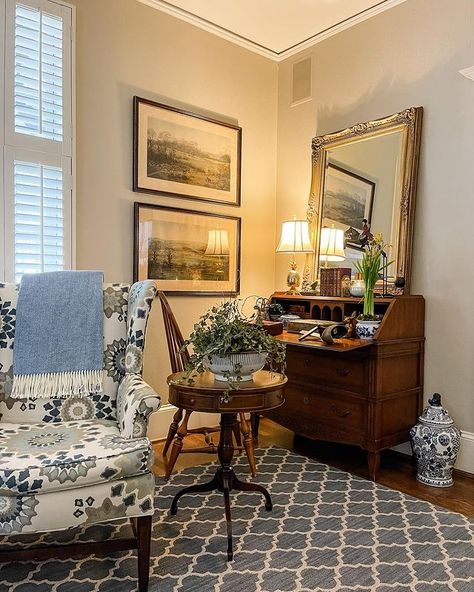 Instagram Rainy Wednesday, Antique Secretary Desk, Antique Secretary, Farmhouse Living Room Ideas, Patterned Armchair, Secretary Desk, Farmhouse Living Room, Secretary Desks, Brown Living Room