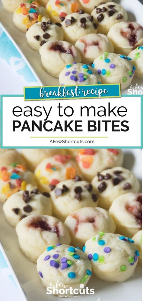 What a great grab and go breakfast idea! This Easy Pancake Bites recipe is just that easy! Can be made for anyone's taste plus can be made gluten free! #breakfast #glutenfree #kidfood #recipe #pancake #backtoschool via @afewshortcuts Dinner Pancakes, Pancake Bites Recipe, Easy Pancake, Pancake Bites, School Breakfast, Kids Breakfast, Birthday Breakfast, Grab And Go Breakfast, Pancakes Easy