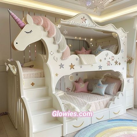 Unicorn Bedroom Bunkbeds, Unicorn Shelves, Cool Kids Beds, Girl Bunk Beds, Unicorn Bed, Girls Unicorn Bedroom Ideas, Holiday Bedroom Decor, Fancy Bed, Kids Bed Design