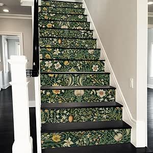 REDAMANCY green boho flower vintage Peel and Stick Vinyl Stair Riser Decals Staircase Tile Stair Stickers Abstract boho Art Modern Decoration Self-Adhesive Home Decor Stair Decals (14Pcs) Riser Decor, Stair Landing Decor, Vinyl Stair Risers, Abstract Boho Art, Tiled Staircase, Rustic Staircase, Vinyl Stairs, Stair Decals, Morris Homes