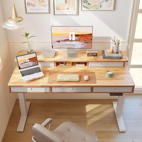 5 Drawers:"FEZiBO Storage Series" standing desk offers huge storage space for the various needs in home office time. Cozy Home Office, Dekorasi Kamar Tidur, Stand Up Desk, Inspire Me Home Decor, Sit Stand Desk, Small Home Office, Bed Desk, Home Office Setup, Adjustable Height Desk