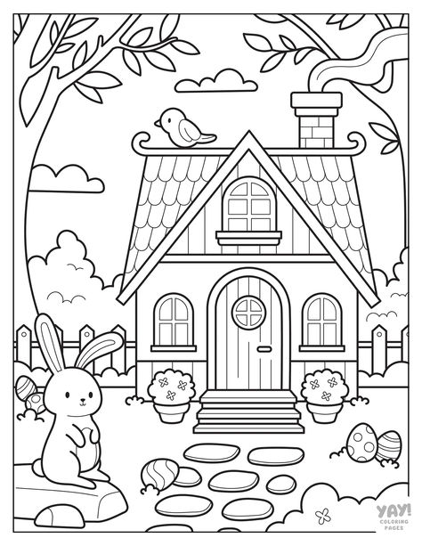 The Easter bunny's cottage coloring page. Digital Coloring Pages Procreate Free, Free Adult Coloring Printables Simple, Colouring In Pages, Cute Coloring Page, Simple Colouring Pages, Cottage Coloring Pages, Coloring Pages For Adults, Colouring Pages For Kids, Simple Coloring Pages