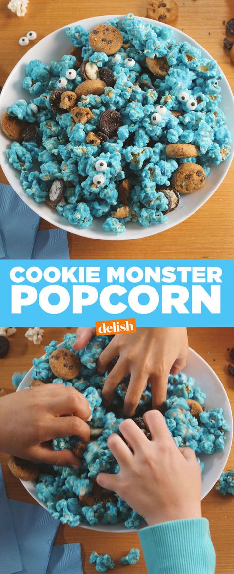 Teal Colored Food Ideas, Blue Packaged Snacks, Cookie Monster Popcorn Recipe, Blue Party Food Snacks, How To Make Blue Popcorn, Cookie Monster Snacks, Monster Snacks For Kids, Color Party Blue Ideas, Blue Food For Color Party