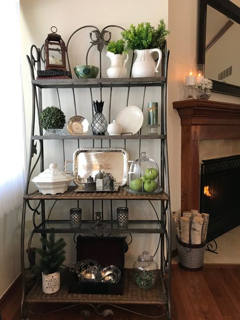 My Bakers Rack Winter 2019 Bakers Rack In Dining Room, Baker Rack Decor, How To Decorate A Bakers Rack, Decorating Bakers Rack Ideas, Styling A Bakers Rack, Styling Bakers Rack, Baker Rack Ideas Kitchen, Bakers Rack In Kitchen, Farmhouse Bakers Rack Decor