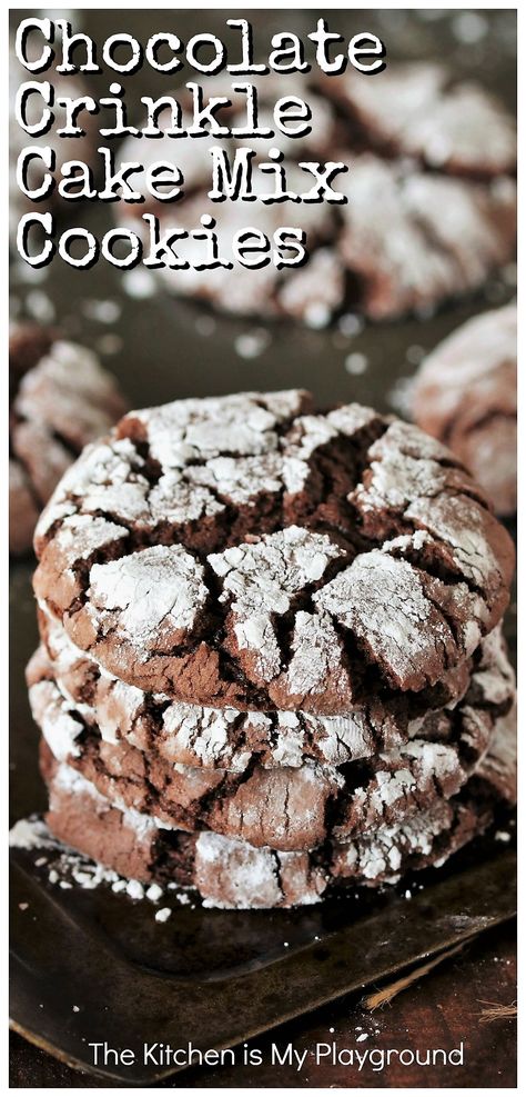 Chocolate Crinkle Cake Mix Cookies ~ Taking advantage of boxed cake mix as their base, these chocolate cookies are super easy to make! Hardly any measuring, just a few basic ingredients, amazingly quick to mix up, and super tasty, too. A great recipe to get the kids baking or for anyone who wants to whip up a tasty cookie quickly & easily.  www.thekitchenismyplayground.com Making Cookies From Cake Mix Boxes, Cake Mix Chocolate Crinkles, Chocolate Cookies Made With Cake Mix Boxes, Chocolate Crinkle Cookies Cake Mix Cool Whip, Easy Cookies With Cake Mix Boxes, Chocolate Crinkle Cookies From Cake Mix Recipes, Box Cake Mix Crinkle Cookies, Chocolate Cake Crinkle Cookies, Cookies From Chocolate Cake Mix Recipes