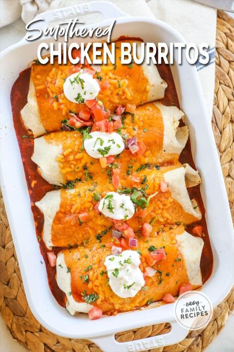 Smothered Chicken Burritos Easy, Oven Chicken Burritos, Wet Chicken Burrito Recipe, Wet Burrito Recipe Chicken, How To Make Chicken Burritos, Baked Chicken Burritos Easy, White Chicken Burritos, Rice And Chicken Burrito, Chicken Burritos Recipe Easy