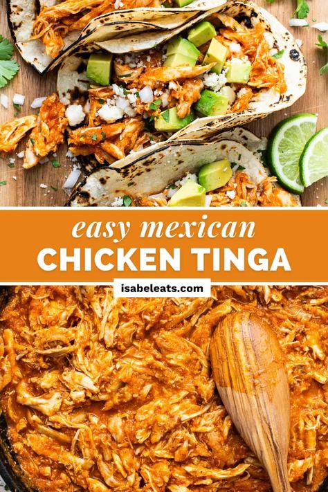 Chicken Tinga is a Mexican dish made from tender chicken in a smoky tomato sauce made with chipotles in adobo. Great for tacos and tostadas! Grilled Chicken Tostadas, Stewed Chicken For Tacos, Green Chili Chicken Tostadas, Chicken Tinga Authentic, Jose Tejas Recipes, Chicken For Tostadas, Tinga Tacos Chicken, Chicken Milanesa Mexican, Best Chicken Tinga Recipe