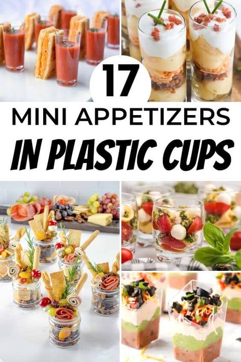 mini-appetizers-in-plastic-cups Mini Meat Appetizers, Christmas Individual Appetizers, Mini Appetizers Wedding, Up Scale Appetizers, Easy Appetizers For Wedding Reception, Salad In Cups For Party, Apps In A Cup, Small Bites Appetizers Fall, Food Cups Ideas