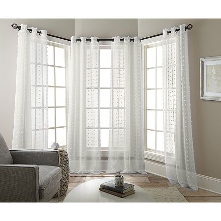 Accent your windows with the charming appeal of these semi sheer curtain panels. The elegant curtains come in 4 panels of 37 x 84 inches and are tailored with 2 inch bronze-finish grommets at the top for a fresh transitional look, elegance, and easy installation. It is made of 100% polyester and features texture and eye-lash detailing that adds extra depth to the whimsical pair.# Pieces In Set: 4Number of Panels: 4Included: 4 Panel(s)Features: Pom Poms, Multi-PackTop Construction: GrommetTop Ope Bay Window Curtains, Elegant Curtains, Sheer Curtain Panels, White Paneling, Sheer Curtain, Grommet Curtains, Colorful Curtains, Hanging Curtains, Curtain Panels