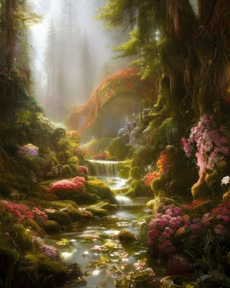 Forest Magical Fairyland, Painting Enchanted Forest, Enchanted Garden Wallpaper, Enchanted Forest Waterfall, Enchanted Autumn Forest, Magical Nature Aesthetic, Mystical Places Enchanted Forest, Magic Fairy Forest, Fairy Land Magical Forest Aesthetic