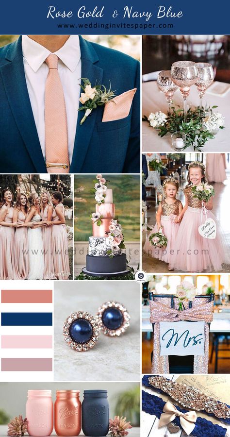 Navy Blue Pink And Champagne Wedding, Blush And Rose Gold Wedding Decor, Wedding Colors Rose Gold Colour Palettes, Wedding Colors Navy Blue And Rose Gold, Wedding Color Schemes Navy Blue And Gold, Navy Blush And Gold Wedding, Blue And Pink Fall Wedding, Navy Blue Rosegold Wedding Table Decor, Navy Blue Rose Gold Champagne Wedding