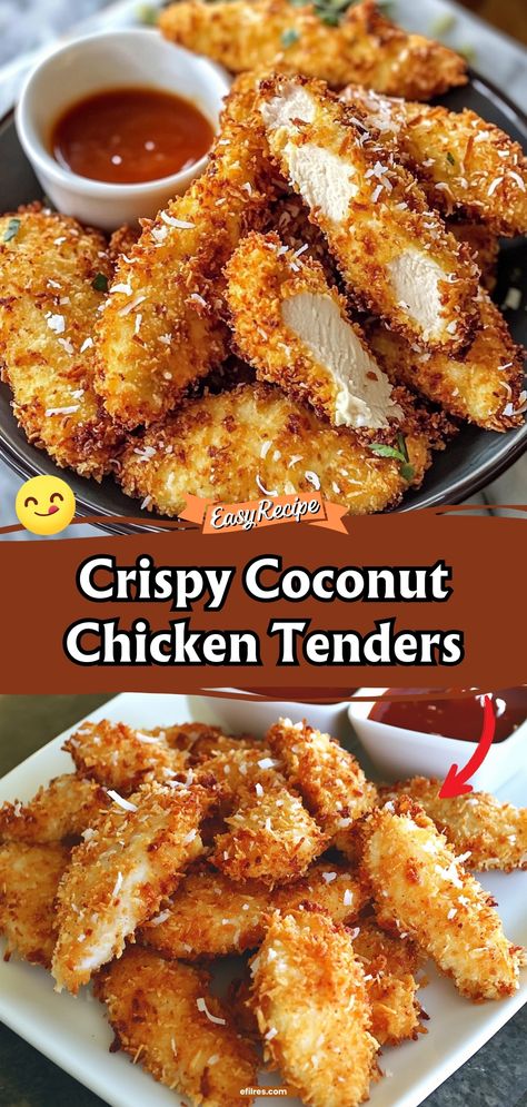 These chicken tenders are encrusted with a crispy coconut coating, offering a tropical twist to your usual chicken dinners. #CoconutChicken #CrispyTenders #DinnerIdeas Crispy Coconut Chicken Tenders, Air Fryer Coconut Chicken Tenders, Coconut Breaded Chicken, Oat Crusted Chicken Tenders, Crispy Chicken Tender Recipes, Chinese Coconut Chicken, Chicken Tenders Recipes, Crispy Coconut Chicken, Chicken Tender Recipes Baked