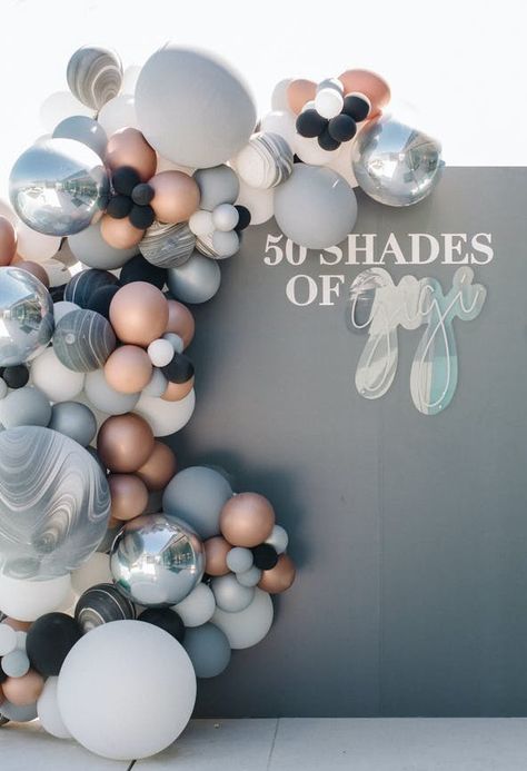 This milestone birthday is 50 shades of fabulous. See the entire affair on PartySlate.  #birthdayparty #birthdayideas #birthdayinspo 50 Shades Birthday Party Ideas, 50 Shades Of Fabulous Birthday Decor, 50 Shades Of Grey Bachelorette Party, Color Schemes For Birthday Party, 50 Shades Of Fabulous Birthday, 50th Birthday Ideas For Women Themes Mom, Fifty Birthday Party Ideas For Women, Fifty And Fabulous Party Ideas, Birthday Color Schemes