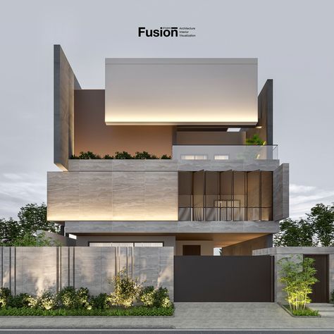 BOLUX - Ranchi - OP1 on Behance West Elevation Designs, Exterior Cladding Ideas, 3 Storey House Design, Home Designs Exterior, Villa Luxury, Modern Minimalist House, House Outer Design, Small House Elevation, Compound Wall