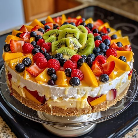 Fresh Fruit Cakes, Mix Fruit Cake Decoration, Fruit Salad Cheesecake, Fruit Layer Cake, Mixed Fruit Cake, Fruit Cake Recipe Easy, Cake With Fruit, Assorted Fruits, Lemon Cheesecake Recipes