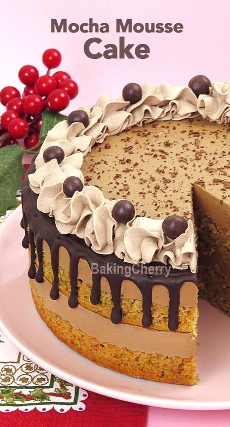 Moist and Delicious Mocha Mousse Cake. A soft and fluffy cake moistened with mocha syrup and filled with an airy mousse that melts in your mouth! The perfect dessert for Christmas, holidays, or any other occasion! #cake #mousse #mocha #chocolate #coffee #dessert #recipe #homemade #Christmas #holidays Mocha Mousse Cake, Coffee Mousse Cake, Mocha Syrup, Dessert For Christmas, Coffee Homemade, Coffee Mousse, Mousse Cake Recipe, Cake Filling Recipes, Mocha Cake