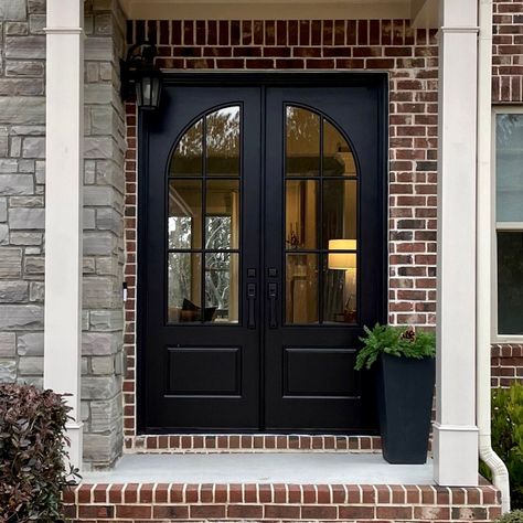 Black French Doors Front Door, Double Black Doors Entry, Black Window Front Door, Traditional Modern Front Door, Black French Front Doors Entrance, 10 Foot Front Doors, Arched Black Front Door, Arch Front Double Door, Farmhouse Modern Front Door