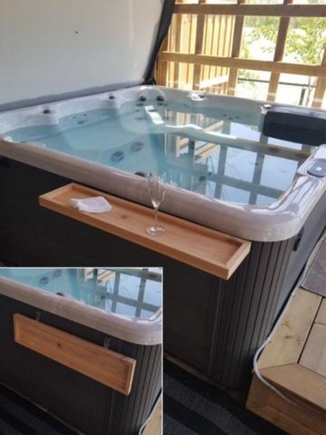 Protect your cell phone and other valuables while enjoying your hot tub.  Finally a solution to do just that and more.  This folding hot tub table easily attaches to the front face of your hot tub and folds down whenever you want. Hot Tub Table, Tub Table, Hot Tub Bar, Custom Hot Tubs, Cedar Table, Hot Tub Surround, Tub Sizes, Cedar Hot Tub, Fold Down Table