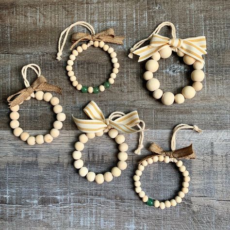 Mini Farmhouse Wood Bead Wreath Ornaments – Creating Me Wood Bead Wreath, Mini Farmhouse, Bead Wreath, Wreath Ornaments, Wood Beads Diy, Ornaments Wood, Bohemian Christmas, Wood Wreath, Wooden Bead Garland