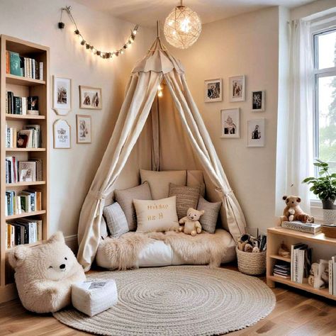 Canopy Over Rocking Chair Nursery, Small Play Area In Bedroom, Girl Toddler Playroom, Reading Nook In Playroom, Toddler Sisters Bedroom Ideas, Toddler Reading Nook Girl, Toddler Room Inspo Girl, Teepee Reading Nook, Large Toddler Bedroom Ideas