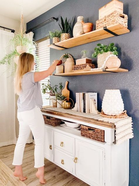 Friday Favs - Shelf Decor Round-Up - Sprucing Up Mamahood Shelving Above Buffet Table, Sideboard With Wall Shelves, Shelf Over Buffet, Shelves In Dining Room Wall, Open Shelves Over Buffet, Open Shelving Over Buffet, Shelving Above Sideboard, Buffet Shelf Decor, Kitchen Buffet With Floating Shelves