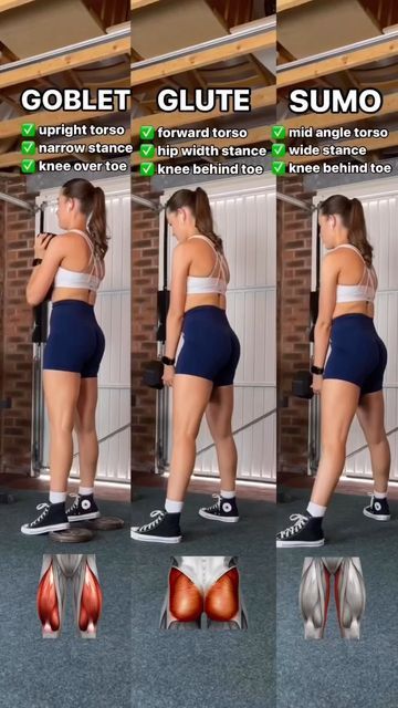 @bolafitness on Instagram: "Know your dumbbell squats!! Here’s how altering your squat technique can activate different lower body muscles 🔥 For more QUADS = GOBLET SQUAT ☑️ narrower stance ☑️ more upright torso ☑️ knees move over toes ☑️ greater knee flexion ☑️ dumbbell held under chin For more GLUTES = LOW GLUTE SQUAT ☑️ hip width stance ☑️ more forward torso ☑️ knees stay behind toes ☑️ greater hip flexion ☑️ dumbbell held low For more INNER THIGHS = SUMO SQUAT ☑️ wide stance ☑️ slight forward torso ☑️ knees stay mostly behind toes ☑️ moderate knee & hip flexion ☑️ dumbbell held low Hope this helps 🥰 #dumbbellsquats #gobletsquats #gobletsquat #innerthighworkout #gluteexercises #glutesfordays #oneractive #onlinecoach #onlinefitnesscoach Cre @ _tori.fit" Inner Tights Exercise, Dumbbell Squats, Squat Technique, Aizen Power, Dumbbell Squat, Easy Exercise, Lower Body Muscles, Body Muscles, Buttocks Workout