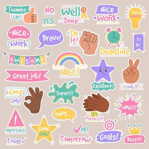 Groovy Stickers, Stickers For Teachers, Motivation For Kids, Work Stickers, Kids Schedule, Kids Planner, Reward Stickers, Teacher Stickers, Hand Drawn Vector Illustrations