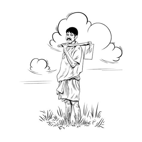 Indian farmer sketch drawing | Premium Vector #Freepik #vector #farming #indian-farmer #farmer-sketch #farm-worker-clipart Human Pictures To Draw, Farming Drawing Easy, Indian Farmers Images, Indian Farmer Illustration, Indian Farmer Drawing, Farmer Drawing Sketch, Farmer Drawing Easy, Human Composition Drawing, Composition Drawing Sketches