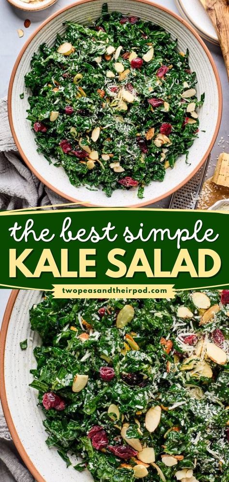 This Simple Kale Salad is made with fresh, hearty kale, Parmesan cheese, toasted almonds, dried cranberries, and a fresh lemon balsamic dressing. Add this simple side dish to your quick and easy food ideas for lunch! Cranberry Kale Salad, Best Kale Salad Recipe, Simple Kale Salad, Kale Recipes Healthy, Kale Salad Dressing, Cranberry Salad Recipes, Parmesan Salad, Lemon Salad, Salad Recipes Healthy Easy