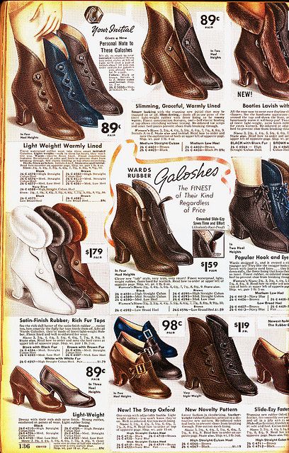 Galoshes Montgomery Ward 1936-37 30s 40s shoe boot rain gear color photo print ad illustration catalogue women ladies Vintage Fashion 1930s, Historical Shoes, Women Illustration, 1930 Fashion, 30s Fashion, Montgomery Ward, Retro Mode, 1930s Fashion, Retro Shoes