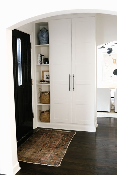 Our Ikea Pax Entry & Coat Closet - Danielle Moss Ikea Coat Closet, Coat Closet Ideas, Coat Cupboard, Front Hall Closet, Hallway Cupboards, Entry Cabinet, Ikea Entryway, Pax Closet, Mudroom Closet